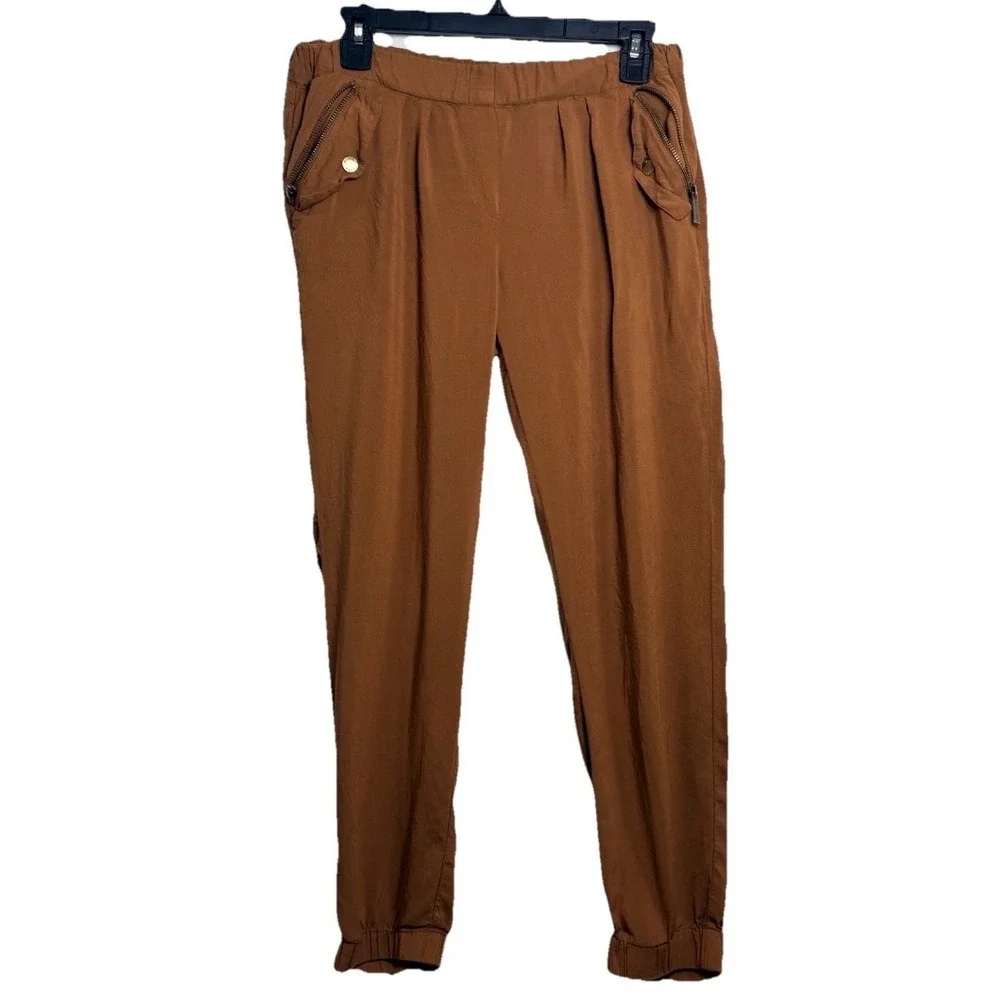 Michael Kors Jogger‎ Pants Womens 4 Brown Rayon Elastic Waist Zipper Pockets